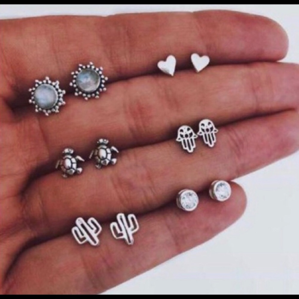 Six Pair Silver Earrings Turtle/Cactus/Heart/Gem